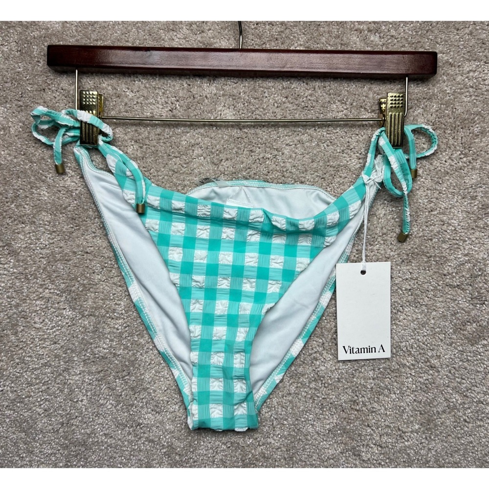 Vitamin A SEAG Gingham Textured Bikini Bottoms Cheeky NWT Mint White M Tie Sides